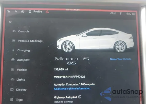 2015 Tesla Model S 60/70/85 z USA, uszkodzony, nr VIN 5YJSA1H11FFP77922